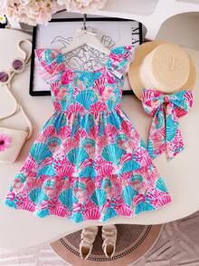 SHEIN Elladie kids 少女热带度假风荷叶边蝴蝶结装饰连衣裙，编织款，假日，夏季，旅行 - 粉色 - 查看 8