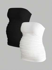 Modmama 孕妇纯色褶皱休闲百搭日常穿搭抹胸 - 黑色 - 查看 3