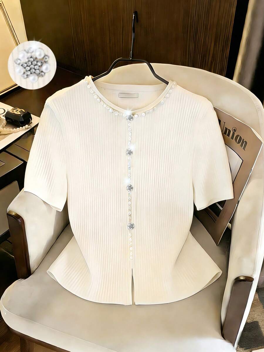 GlowEve Blusa de manga corta de color albaricoque con cuentas de burbuja, elegante y versátil, ideal para el verano - Albaricoque - Ver 1