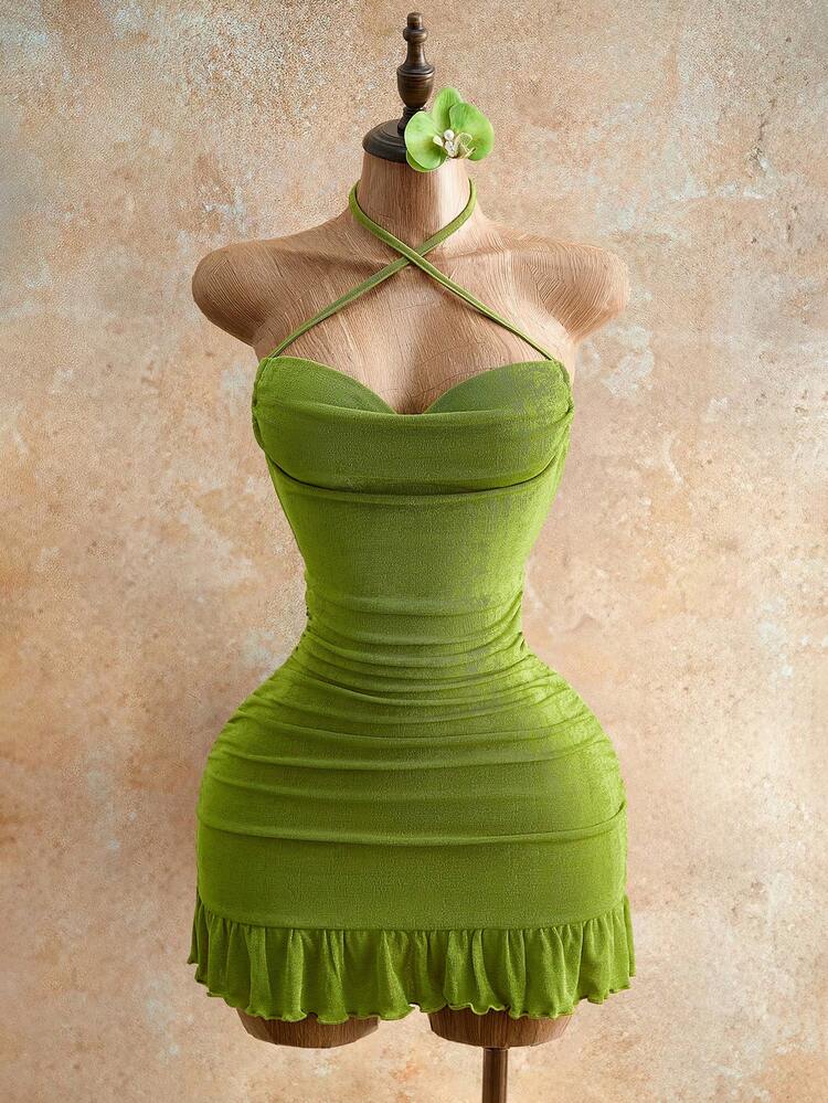 Mistrie Women's Sexy Drawstring Detail Mini Bodycon Dress, Summer Fashion Green Halter Cami Mini Dress With Tie Back For Party Nights,For Women,Club Outfits Women Sexy - Olive Green - View 4