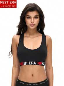 3pcs/Set Women's Fashionable Letter Printed Bras Rest Era Sports Bra 3 Pieces Set Sports Bra - Multicolor - View 1