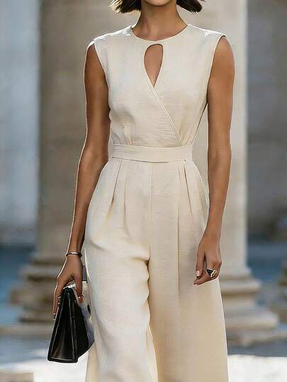 Ellegaria. Tuta casual da donna in tinta unita con plissettatura e dettagli traforati