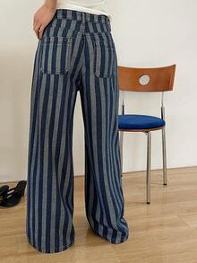 Livesso Quần jeans ống rộng dáng suông thoải mái kẻ sọc có túi dành cho nữ - Màu xanh lam - Xem 6