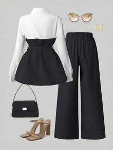 Franclia 简约优雅秋季穿搭：直筒开衩裤和衬衫套装 - 灰色 - 查看 2