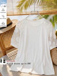 SHEIN CURVE+ Curve 尺码 US22 音乐节、海滨度假、波西米亚风女式上衣，拼接不同材质，白色T恤，立体花朵面料T恤 - 白色 - 查看 1