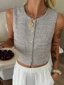 DAZY Solid Color Crew Neck Sleeveless Fitted Jacket For Women, Spring & Summer - Grey - View 1