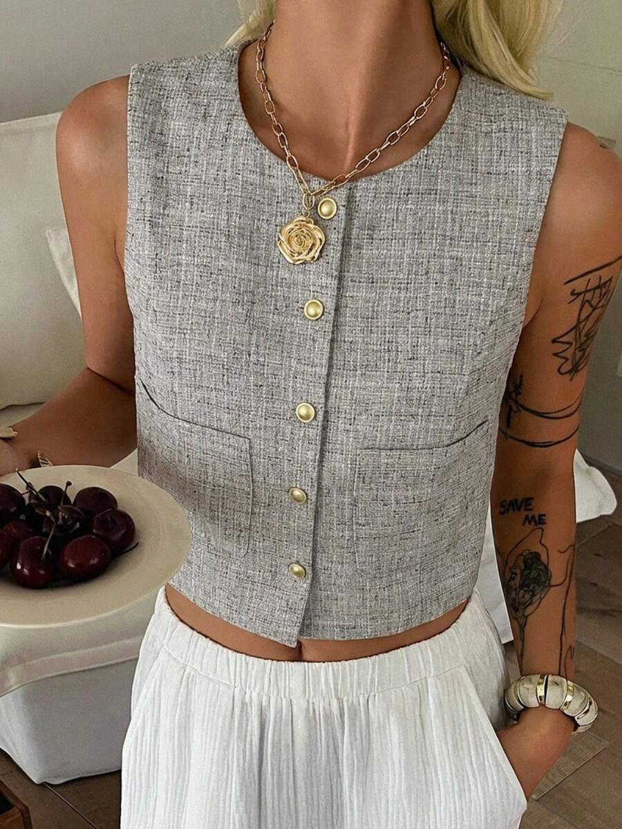 DAZY Solid Color Crew Neck Sleeveless Fitted Jacket For Women, Spring & Summer - Grey - View 1