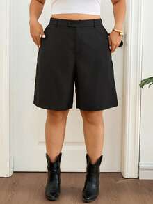 Lounesse Quần short Bermuda đen cỡ lớn dành cho nữ, quần short đi làm đa năng thoải mái, quần short đen ống rộng cho nữ, quần short đen nữ. - màu đen - Xem 5