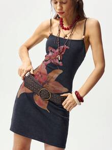 Bohemela Boho Spring/Summer Outfits, Vintage Women's Vacation Beach Bohemia Washed Floral Graphic, Lily Print  Fitted Fashionable Spaghetti Strap Mini Dress, With Beaded Front Detail, Casual Vacation, Western Country Style Concert Party Outfits, Suitable For Beach Vacation Outfit & Daily Wear & Back To School & Going Out Outfits & Party Outfits, 2000s Outfits, Y2k Clothes, Summer Holiday Outfits - Black - View 1
