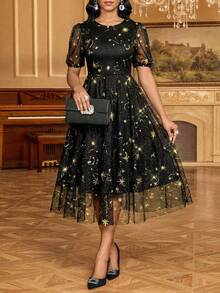 SHEIN Lady Fashionable Party Gold Foil Embroidered Black Mesh Dress - Black - View 6