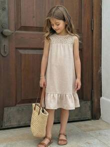 Emery Rose Kids Emery Rose Kids 少女夏季休闲度假荷叶边无袖连衣裙，米色夏季连衣裙，小女孩棕褐色连衣裙，少女/青少年度假连衣裙，青少年中性色连衣裙，米色鸡尾酒会连衣裙，米色A字短款圆领荷叶边连衣裙，夏季舞会礼服，优雅派对礼服，少女度假休闲纯色圆领无袖梭织连衣裙，夏季服装，夏季连衣裙，舞会礼服，沙滩连衣裙，吊带连衣裙，女孩亚麻连衣裙 - 杏色 - 查看 5