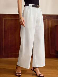 Vintamour Vintage Classic Elegant Women's Pants,White,Autumn,Casual,Brunch,Fitted Waist,Pockets,Spring/Summer Wideleg Linen Trousers For Work Office Festival - Beige - View 6