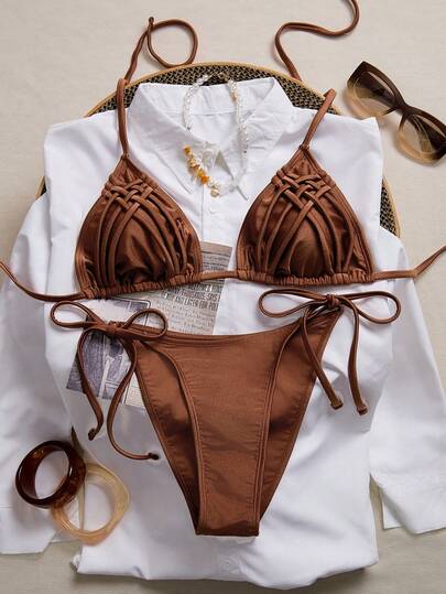 Swim Chiccia Najlepiej sprzedający się metalowy, błyszczący materiał, wiązany na szyi, tkany, dekoracyjny zestaw bikini z wiązaniem po bokach, 2 sztuki, odpowiedni na wakacje na plaży wiosną/latem