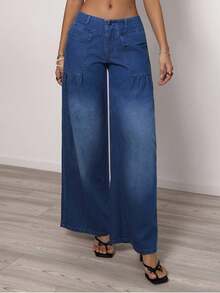 Sunnyshic 女士口袋纽扣休闲百搭日常穿着阔腿牛仔裤 - 藍色 - 查看 6