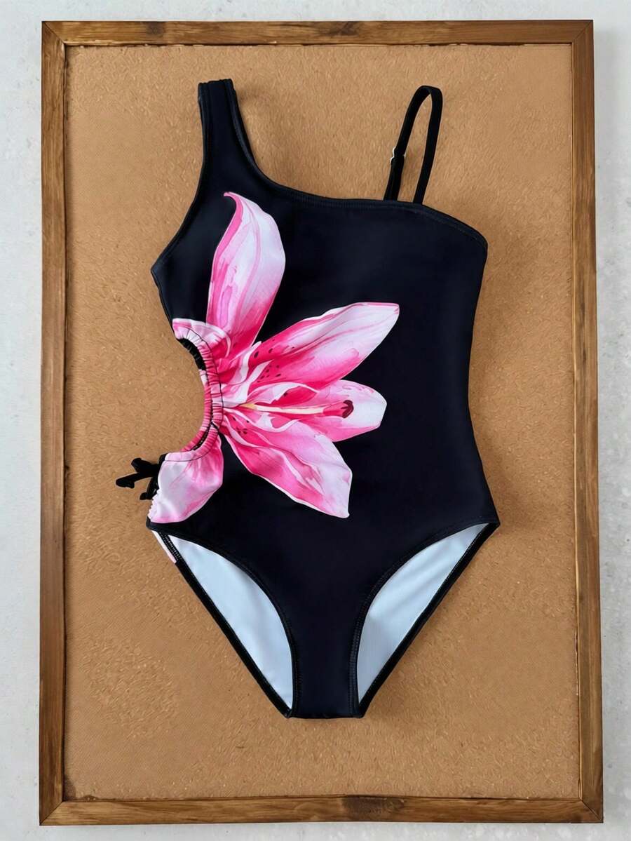 SHEIN 1件装女童碎花镂空弹力速干舒适针织泳衣套装,适合沙滩、泳池、海边、冲浪、度假、夏季、旅行、假日等场合。 - 黑色 - 查看 1