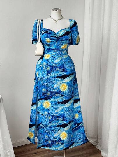 Sweetra 大码菱形领印花收腰开衩长袖连衣裙