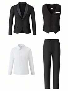 4pcs Teen Boy High-End Elegant Stylish Fashion Banquet Business   Stage Performance Host Four-Seasons Gentleman Suit Set. Blazer + Fitted Vest + Pure White Long Sleeve Shirt + Casual Pants, Suitable For Dinner Party, Hosting, Stage Show, Gathering, Runway, Christening, BusinessWedding,Prom,Graduation Black Suit - Black - View 8