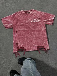 Manfinity EMRG Men's Casual Slogan Print Distressed T-Shirt, Summer - Red - View 3