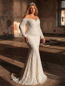 Glamrae Đầm maxi dáng đuôi cá sang trọng, thanh lịch, cỡ lớn, đính ngọc trai, tay áo ren xuyên thấu, có đuôi dài, thích hợp cho đám cưới, tiệc tùng, kỳ nghỉ, dạ hội, lễ hội. - trắng - Xem 8