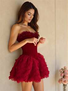 Glamine Charm Váy ngắn hoa bong bóng nhún vai màu đỏ, váy sang trọng cao cấp, trang phục lễ hội rave, trang phục đường phố, trang phục hòa nhạc, trang phục câu lạc bộ, trang phục đêm hẹn hò, trang phục sinh nhật nữ, váy thu đông, váy Halloween, trang phục dự tiệc phải có, trang phục giáng sinh, váy bong bóng - Đỏ - Xem 3