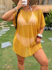 Swim Vcay Robe de plage ample à manches courtes en maille pour femmes grande taille - Jaune citron - Voir 2