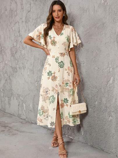 Solivie Women's Casual Floral Print & Embroidery Long Dress, Summer