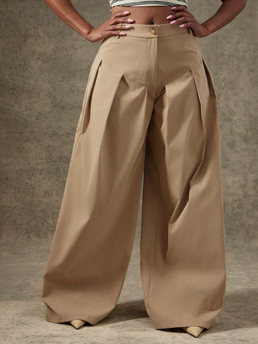 Vixey 纯色梭织低腰褶裥阔腿裤 - 卡其色 - 查看 1