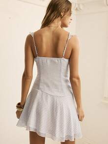 Aralina Women's White Gingham Print Sweetheart Neckline Ruffle Strap Tie Front A Line Mini Summer Dress, Modest Sexy Vacation Holiday Beach Golf Sun Dresses - Blue and White - View 2