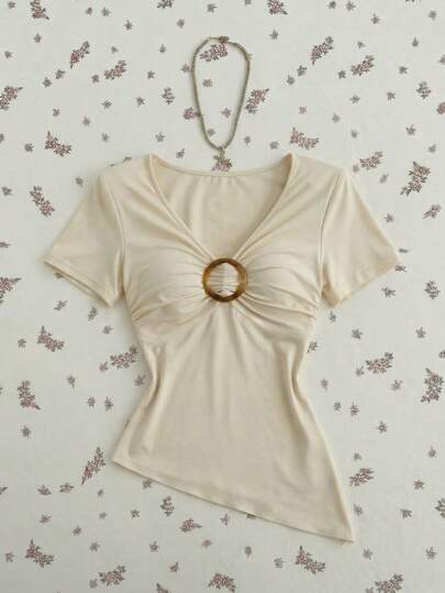 Elamini Blusa corta con escote en V y manga corta para mujer, con decoración de anillo en la parte delantera, de punto en color amarillo crema/amarillo limón, adecuada para primavera, verano y otoño