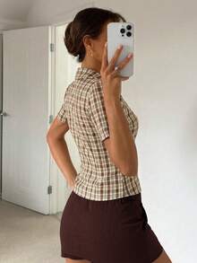 Siren Gaze Chemise décontractée vintage à manches bouffantes et boutons devant à carreaux pour femmes, été - Multicolore - Voir 3