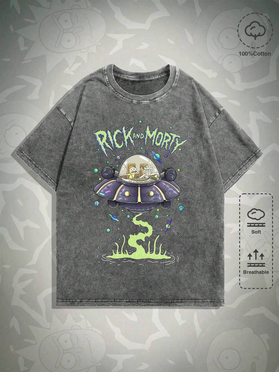 ROMWE MEN Rick and Morty | ROMWE 男士圆领卡通字母印花休闲百搭日常短袖T恤 - 灰色 - 查看 1