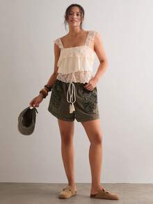 Freevana Quần short nữ cỡ lớn, cạp chun, ren, kiểu dáng thường ngày, đa năng, có thể mặc hàng ngày. - xanh quân đội - Xem 4