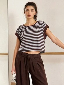 VARSIVA Áo thun thể thao nữ cổ tròn tay ngắn kẻ sọc hở lưng - Nhiều màu - Xem 6