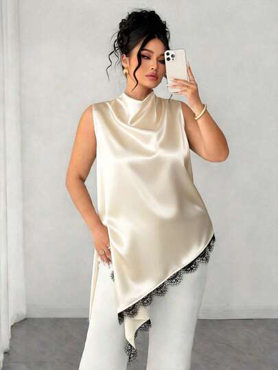 Elenzga 大码女式无袖蕾丝下摆衬衫，优雅复古风长款上衣，适合工作、毕业典礼、节日、情人节、音乐节、母亲节、万圣节、感恩节、复活节、国庆节、舞会、约会、婚礼、郊游等场合。