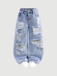 Quần jean denim rách nhẹ màu xanh nhạt, dáng rộng, phong cách Y2K mới cho bé gái, thích hợp cho mùa xuân hè, đi nghỉ mát, phong cách đồng quê, boho, đi biển, phong cách đường phố miền Tây, kỳ nghỉ xuân, lễ hội âm nhạc, quần jean, quần jean cho bé 4 tuổi, quần jean mùa hè, quần jean dễ thương, quần jean rộng kiểu Y2K những năm 2000. - Rửa nhẹ - Xem 3