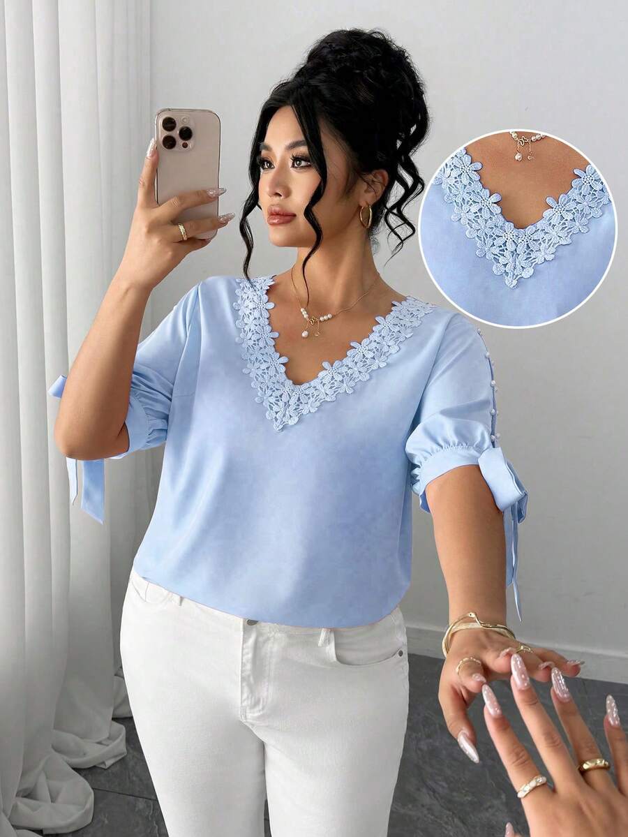 Elenzga Elegant Fashion Off-Shoulder Round Neck Ruffle Tie-Up Half Sleeve Pearl Decor Plus Size Women Blouse - Baby Blue - View 1
