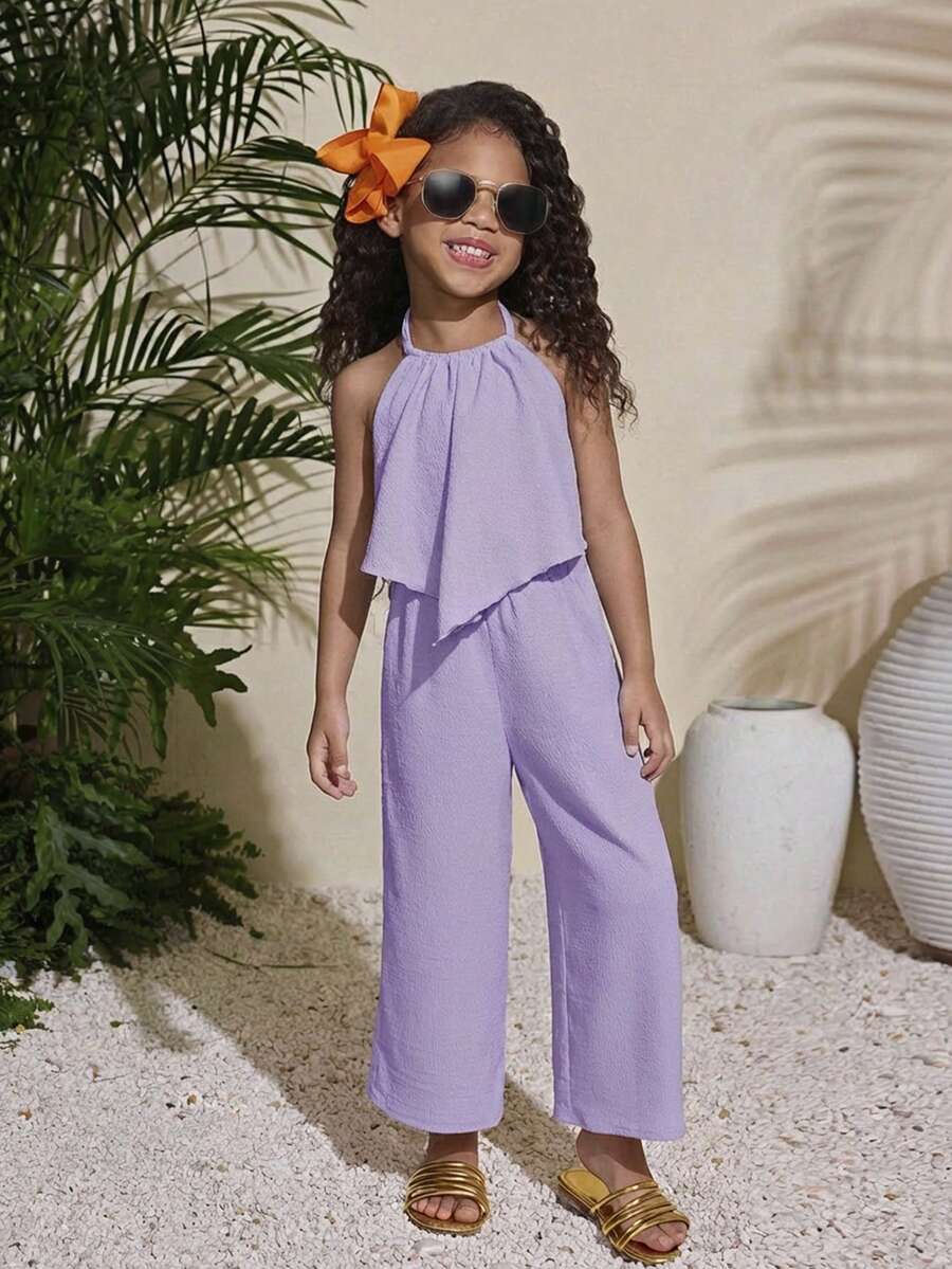 Conjunto de top halter de unicolor y pantalones de pierna ancha casual de vacaciones para niña - Púrpura malva - Ver 1
