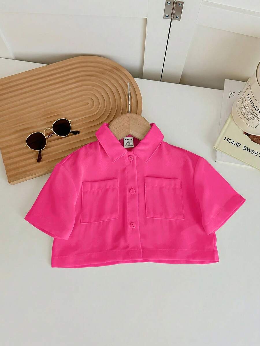 SHEIN LMoss Kids 女婴可爱白色短袖衬衫，夏季百搭 - 玫紅色 - 查看 1