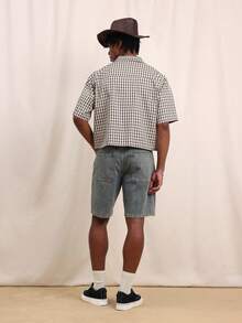 SUMWON Men's Star Print Denim Shorts With Contrast Brown Leather Star Applique Casual Summer Streetwear Style - Blue - View 5