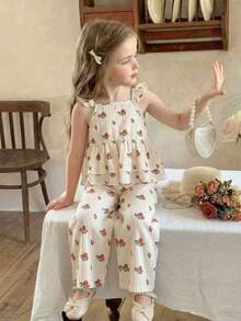 SHEIN Vintaside Kids 女童两件套：复古碎花吊带背心配荷叶边袖子和宽松阔腿裤，休闲度假装，夏季 - 杏色 - 查看 5