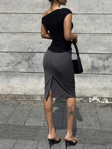 DAZY 女士纯色不对称肩部修身休闲日常短袖T恤 夏季 - 黑色 - 查看 2