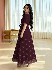 Modelyn Peach Blossom Striped Retro Print Dress, Women's Fashion Round Neck Short Puff Sleeve Design With Belt Cinched Waist Dress, Elegant Summer Dress - Multicolor - View 2