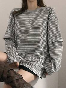 DAZY 女士圆领条纹休闲百搭日常长袖T恤宽松款 - 灰色 - 查看 1