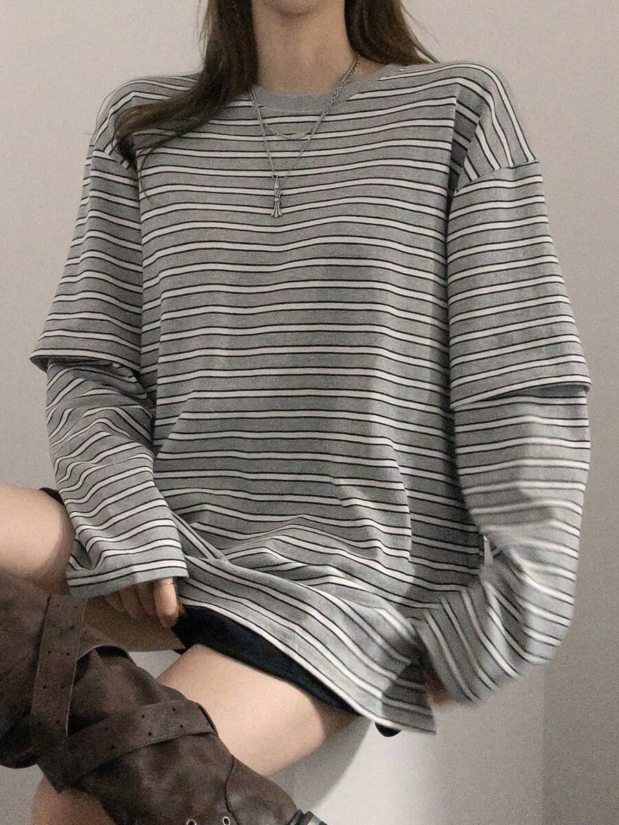 DAZY 女士圆领条纹休闲百搭日常长袖T恤宽松款 - 灰色 - 查看 1