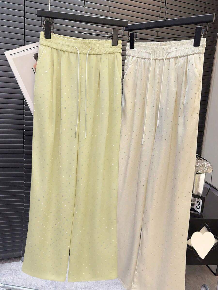 SHEIN LUNE 高腰水钻缎面弹力腰带宽松直筒裤 女式夏季阔腿裤 女式高腰宽松裤 女式休闲裤 韩版女式休闲裤 - 黃色 - 查看 1