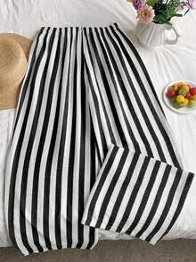 SHEIN EZwear 大码女式条纹抽绳腰休闲百搭阔腿裤，适合日常穿着 - 黑與白 - 查看 2