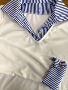 Blusa de mujer con cuello de camisa, manga larga y diseño de patchwork a rayas - Blanco - Ver 3