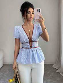 SHEIN Elenzya Elegant Summer Vacation Holiday Blue Striped Plunging Neck Sexy Hollow Out Women Blouse - Blue - View 3