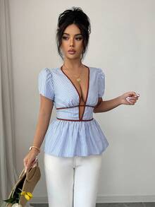 SHEIN Elenzya Elegant Summer Vacation Holiday Blue Striped Plunging Neck Sexy Hollow Out Women Blouse - Blue - View 6