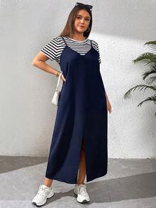 SHEIN Essnce Terno casual feminino plus size, vestido de duas peças, duas peças feminino, terno de verão, roupas para shows, roupas para sair, roupa para shows country de verão - Azul marinho - Ver 6
